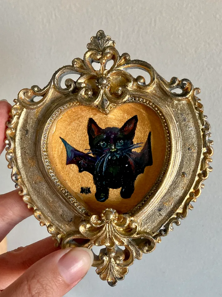 Bat Painting Small Framed Art Goth Painting Bat Gifts, Mini Gold Framed Decor, Cat Bat, Black Cat Art, Tiny Art Whimsigoth Decor