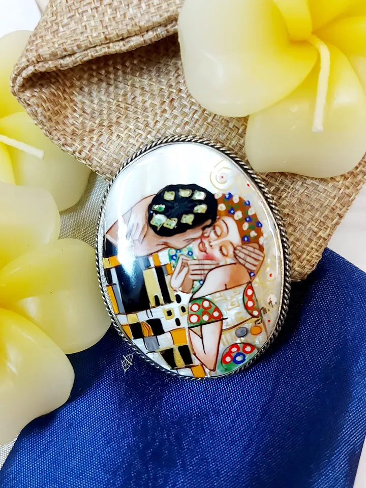 Brooches for women: Gustav Klimt "The Kiss" on handmade pin for dress, original Art Nouveau pins made from mother of pearl shell