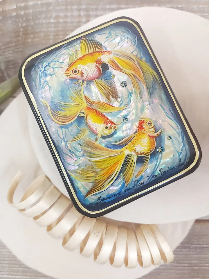 Beautiful Russian Lacquer Box "Fishes",Fedoskino miniature Hand painted ,box for jewelry Mother of pearl, Art gift