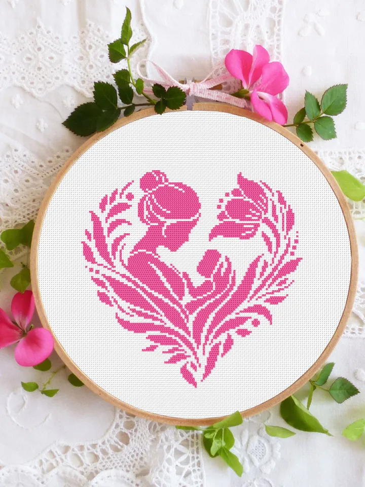 Mother baby silhouette cross stitch pattern PDF download Floral heart cross stitch chart, Heart mandala mother and child, Newborn gift #O12