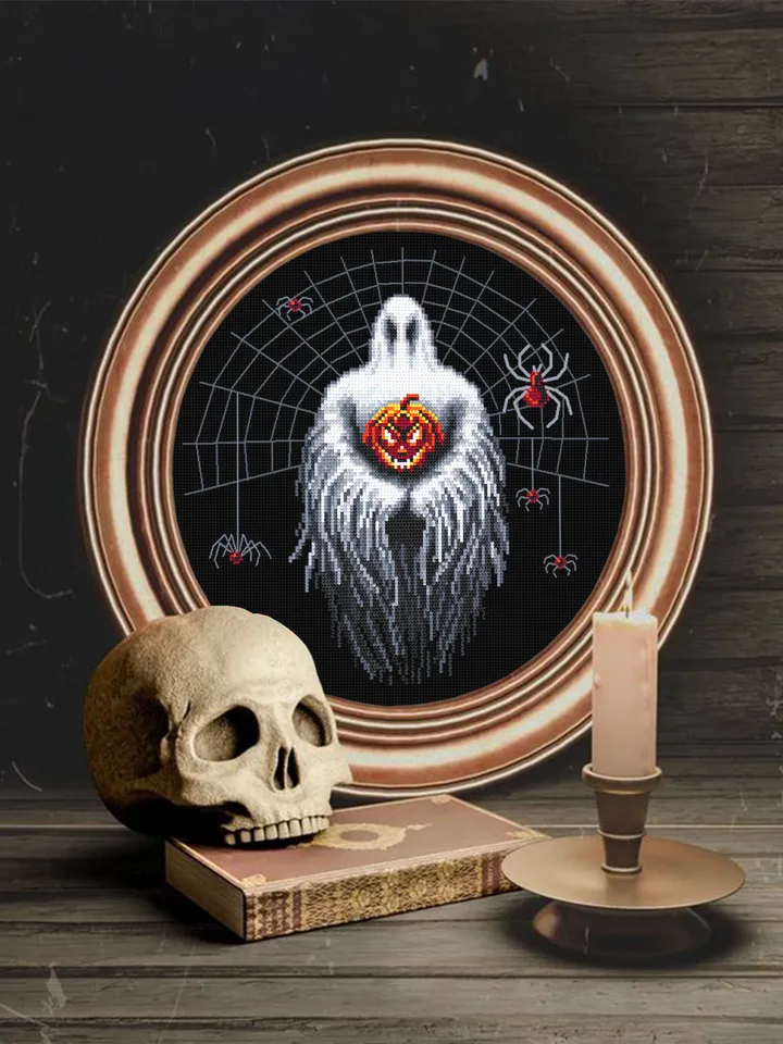 Gothic Halloween cross stitch pattern download PDF, Spooky ghost cross stitch chart, Halloween spider cross stitch, Scary halloween #H40