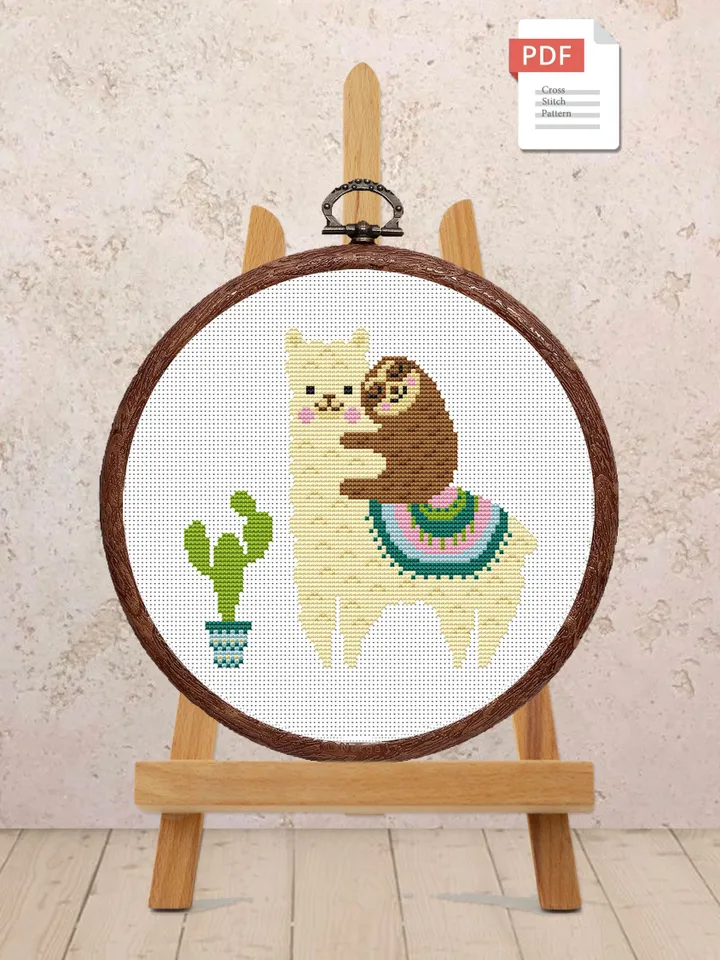 Cute Llama with Sloth Cross Stitch Pattern, Mother's day Cross Stitch, Embroidery Llama, Sloth xStitch, Sloth Pattern, Llama Pattern #anm036
