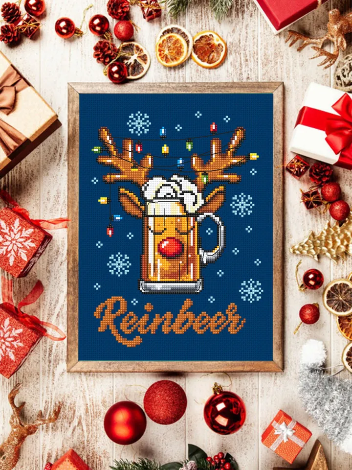 Funny Christmas reindeer cross stitch pattern PDF Christmas beer cross stitch chart, Reinbeer pattern digital PDF, Beer lover gift #N110