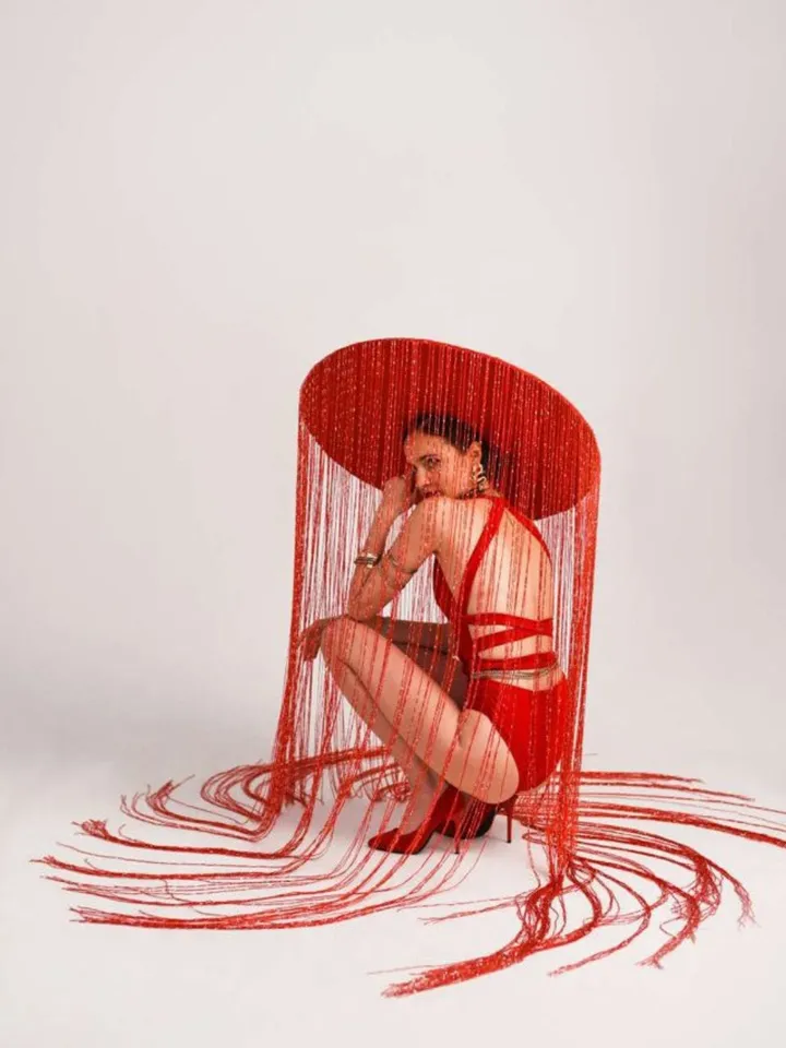fringe hat, photo shoot hat, red hat, prop hat, futuristic costume, party hat