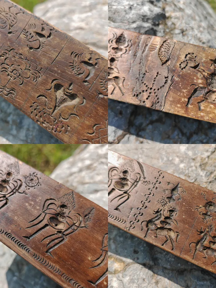 Gandhanra Antique Tibetan Buddhist Zanpar Wooden Mold Stick,Dharma Ritual Plate,Intricately Carved Esoteric Ritual Objects and protectors