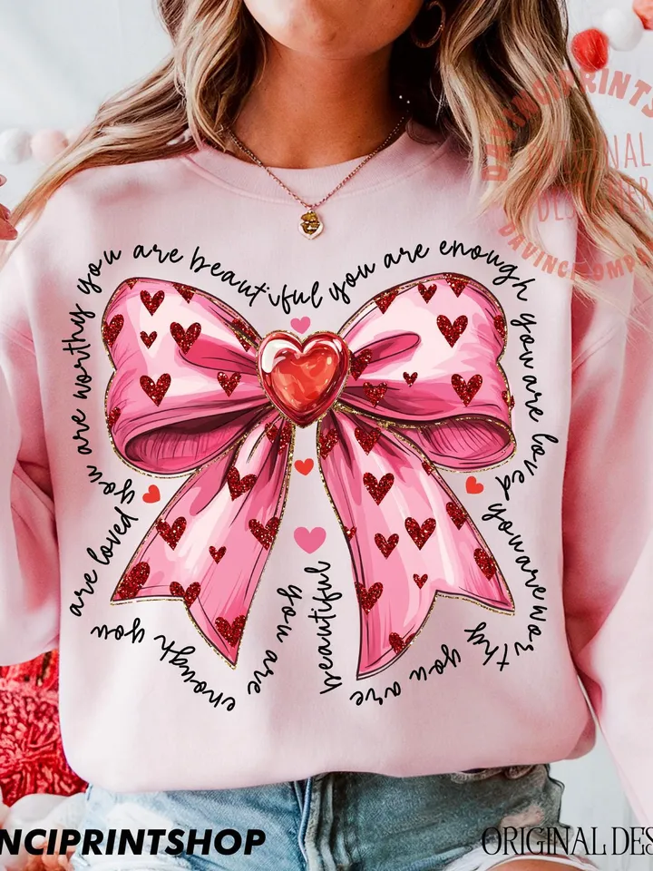 Pink valentine coquette heart png, You Are Enough, Loved, Worthy Png, Valentine Png, Glitter Valentine Png, Valentine coquette png, Love png