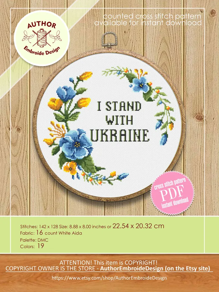 I Stand With Ukraine cross stitch pattern download PDF Framed quote cross stitch chart, Flower wreath cross stitch, DIY Home decor #Q39