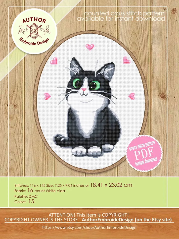 Cute black cat cross stitch pattern download PDF, Animal cross stitch chart, Cat embroidery PDF, Kitten cross stitch, Gift for cat lover #K2