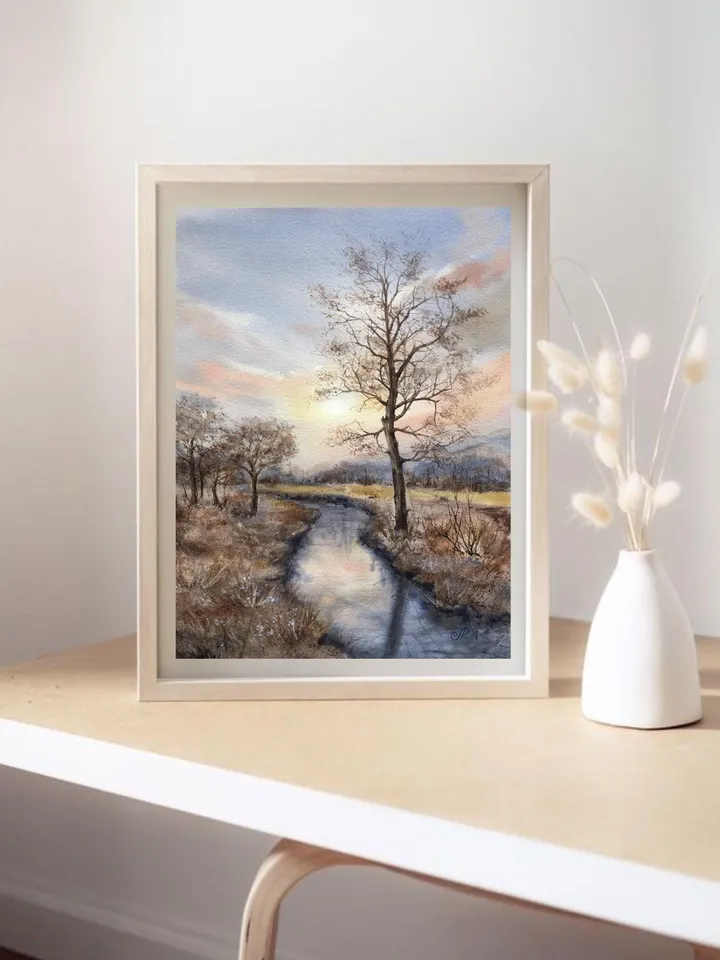 Original Landscape River Watercolor Painting Autumn Wall Art
