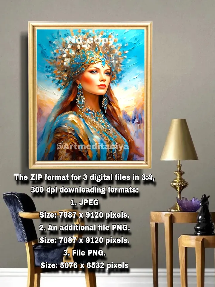 Digital abstract texture painting "Mysterious Russian Beauty" blonde with blue eyes in a luxurious turquoise-blue kokoshnik crown with a veil, in a matching dress with gold on an abstract blue background in the style of palette knife painting, oil
