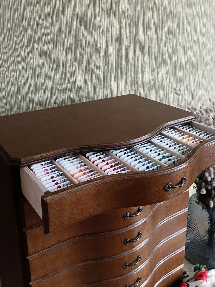 Floss storage cabinet for DMC floss bobbins and skeins, Stitching drawer box with curved faces in vintage style