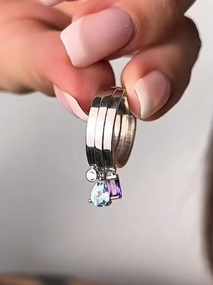 Ring with cubic zirconia, natural amethyst and topaz, 925 silver