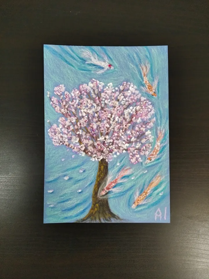 Pastel painting on paper Sakura and fish