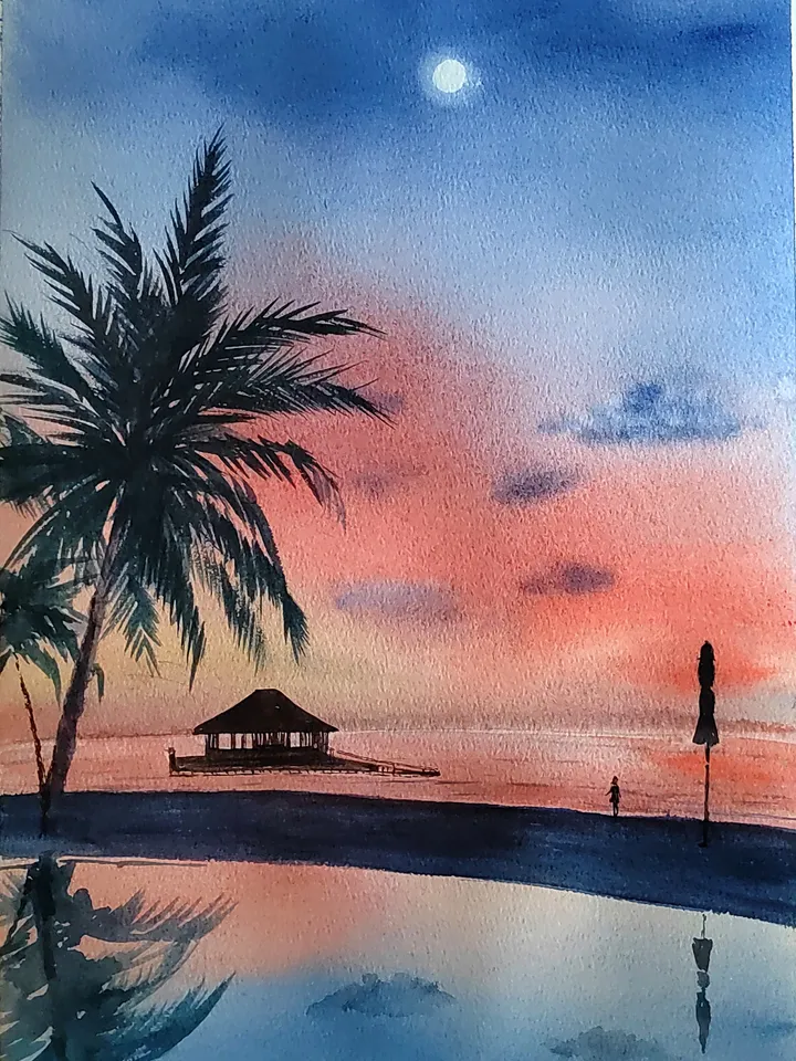 Original Watercolor Painting Sea Sunset Artwork Tropical Coast Art Bright Colors of Sea Sunset 27x39 cm by SoftWaves