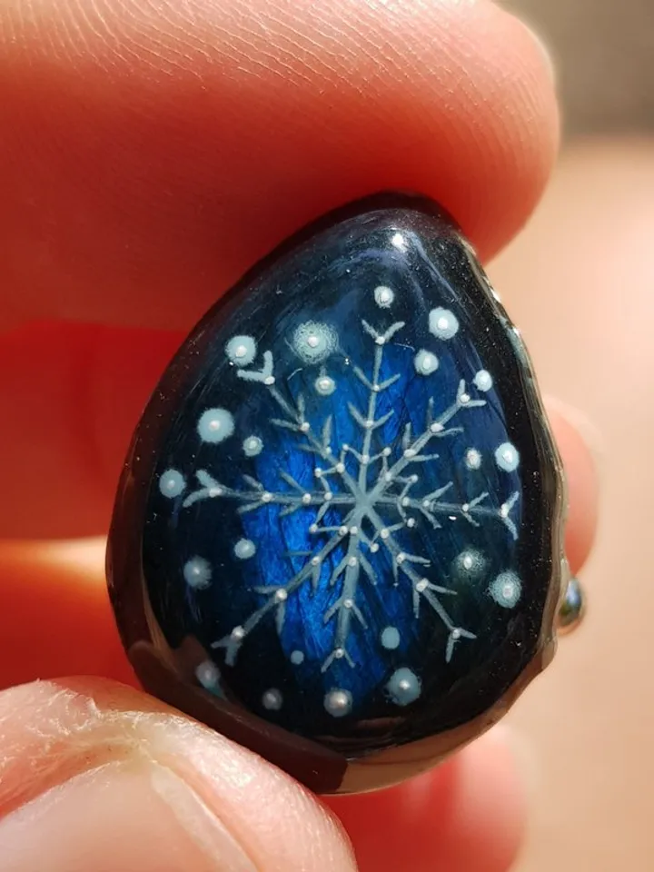 Ring with blue labradorite Oil painting miniature of snowflake on gemstone