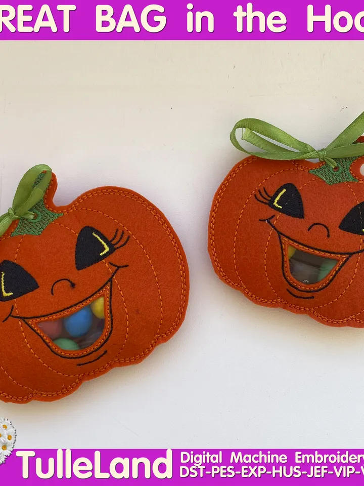 In The Hoop Machine Embroidery design ITH Peekabo Bag Halloween Pumpkin Treat Bag ITH Pattern. Included 5 sizes!