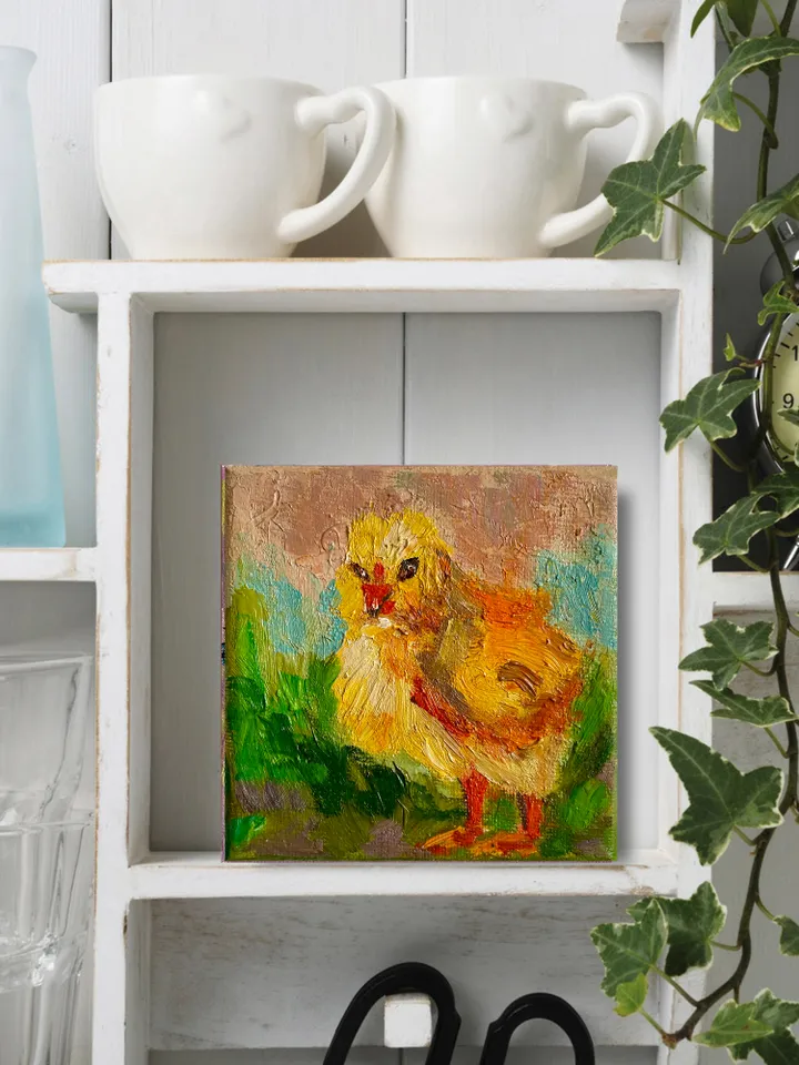 Yellow baby chick painting, Chicken bird Original oil Painting on Canvas, Farm animal art, Miniature Artwork 4"x 4"