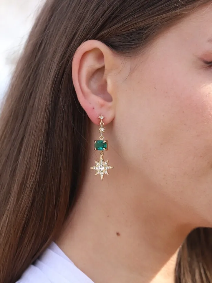 Emerald Gold Star Wedding Earrings, Moon Celestial Bridal Earrings, Boho Wedding Earrings, Statement Earrings, Wedding Jewelry