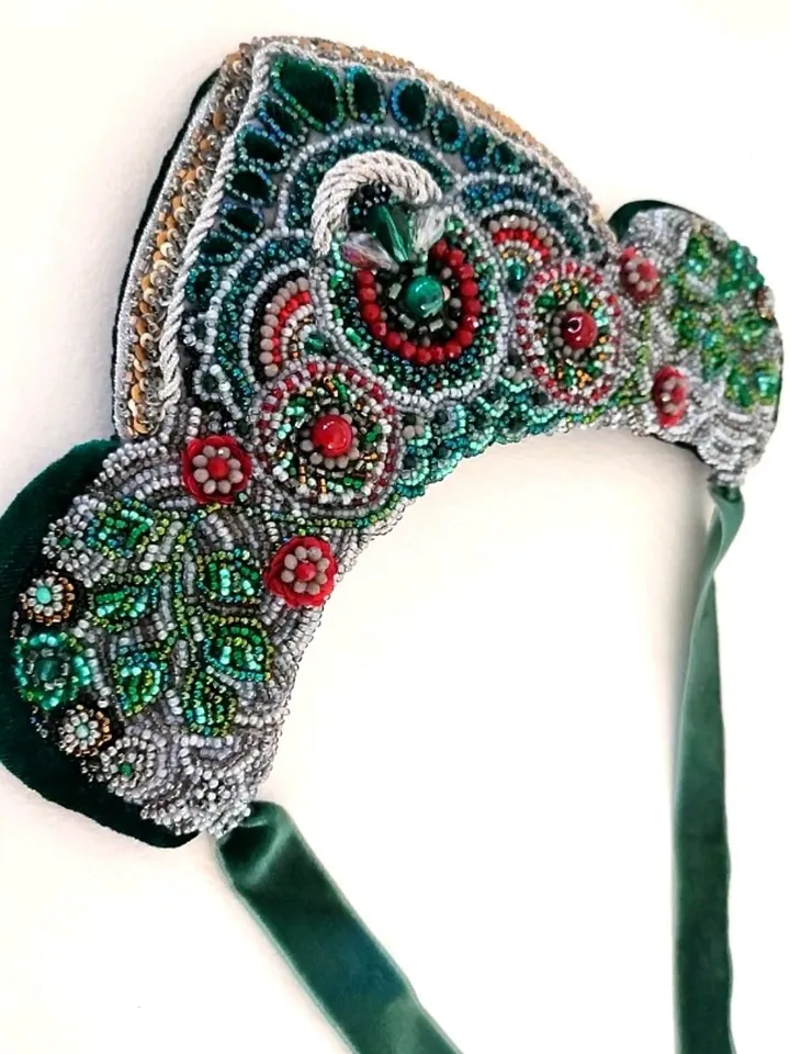 Crown Kokoshnik Boho Style AlaRuss Embroidered Headdress Bohemian Ethno Eclectic Style Royal Jewelry