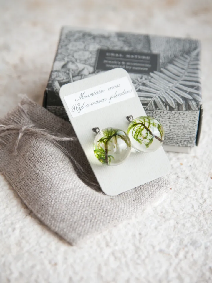 Moss sphere earrings. Dangle resin earrings