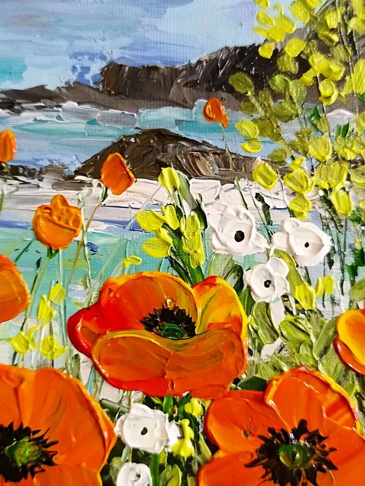Vibrant California Poppies Textured Landscape Painting Artwork