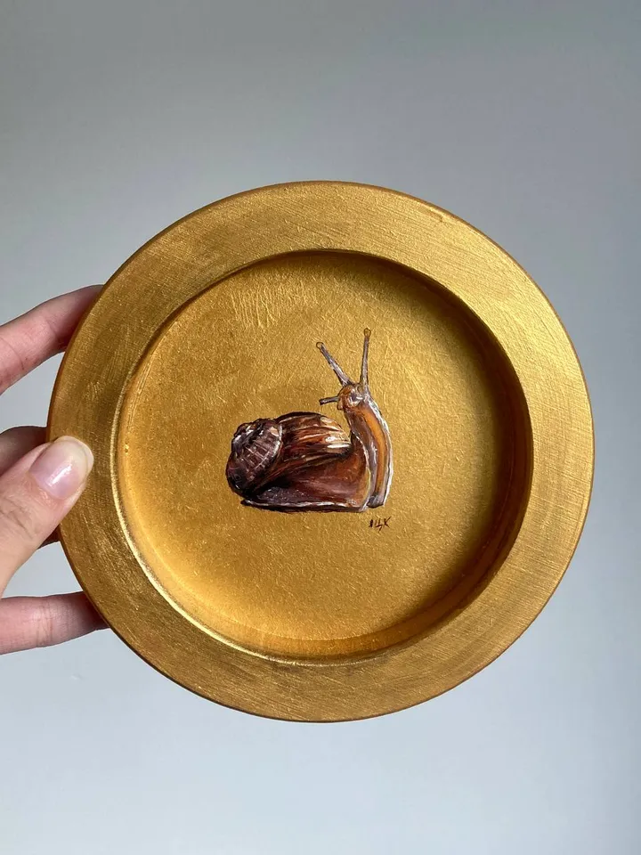 Framed Snail Oil Painting Original Round Art Gold Frame Painting Academia
