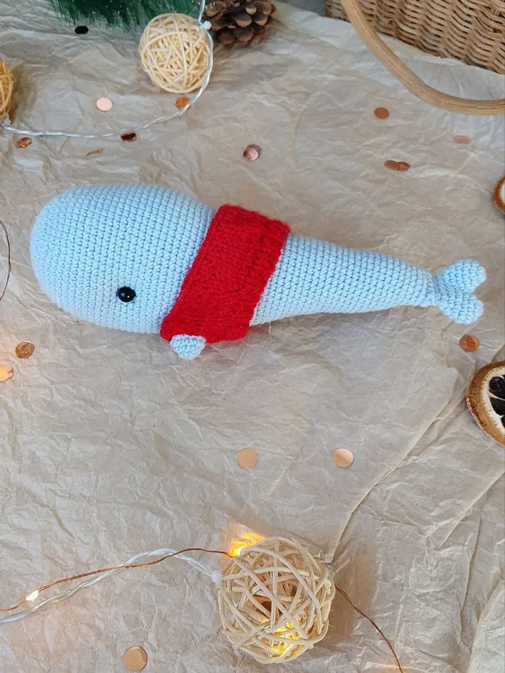 Stuffed blue whale toy for nursery decor. Soft toy made of cotton yarn blue whale. Gift for a boat trip lover.