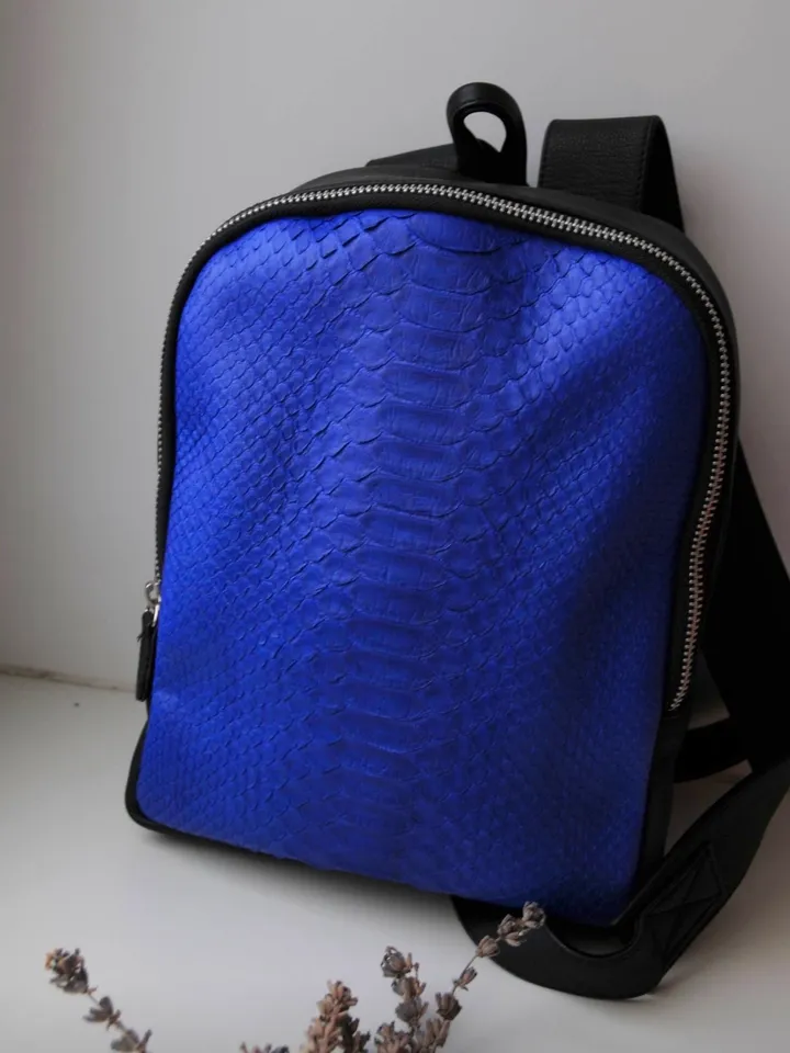 Genuine python skin small backpack | leather backpack electic blue | small designer rucksack | Exotic leather bags | Women handmade bags