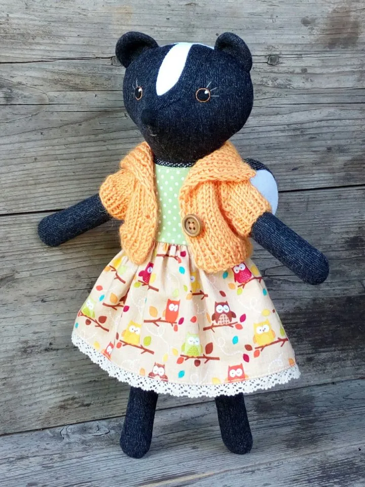 Black skunk girl, stuffed wool plush toy, handmade skunk fabric doll