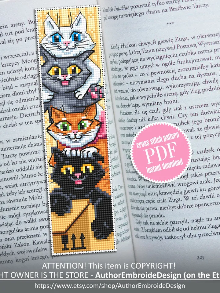 Cat bookmark cross stitch pattern PDF Cute kitties pattern, Handmade bookmark digital download, Cat cross stitch chart, Cat lover gift #B100