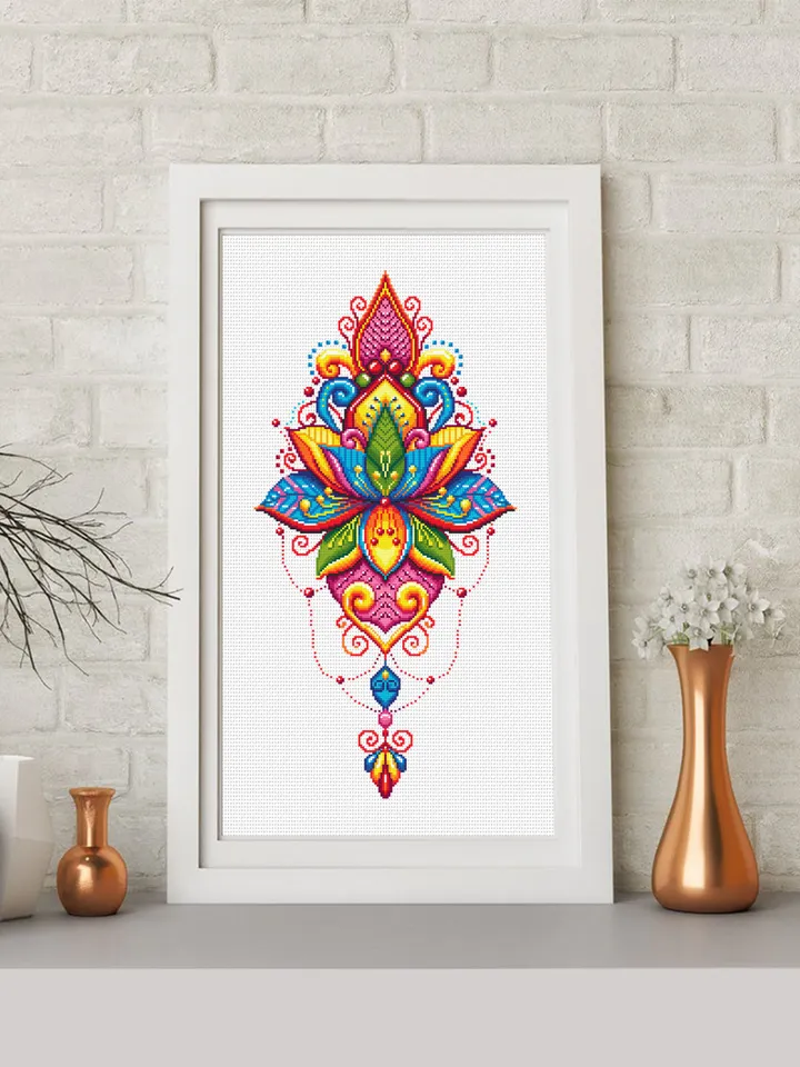 Lotus flower mandala cross stitch pattern PDF download Floral mandala embroidery PDF, Rainbow lotus cross stitch chart, Indian mandala #M198