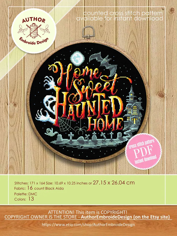 Halloween quotes cross stitch pattern download PDF, Horror cross stitch chart, Home sweet haunted home, Happy Halloween embroidery PDF #H37