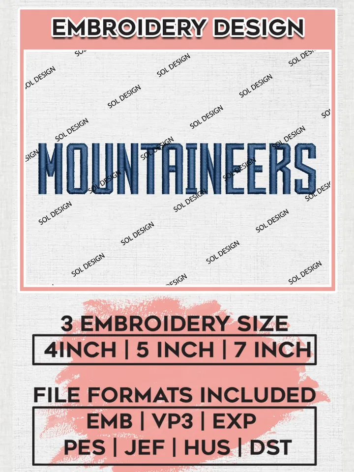 NCAA Mountaineers Team Word Logo Embroidery Design Files, NCAA West Virginia Mountaineers Machine Embroidery, NCAA Teams, 3 sizes, NCAA Machine embroidery designs, Digital Download