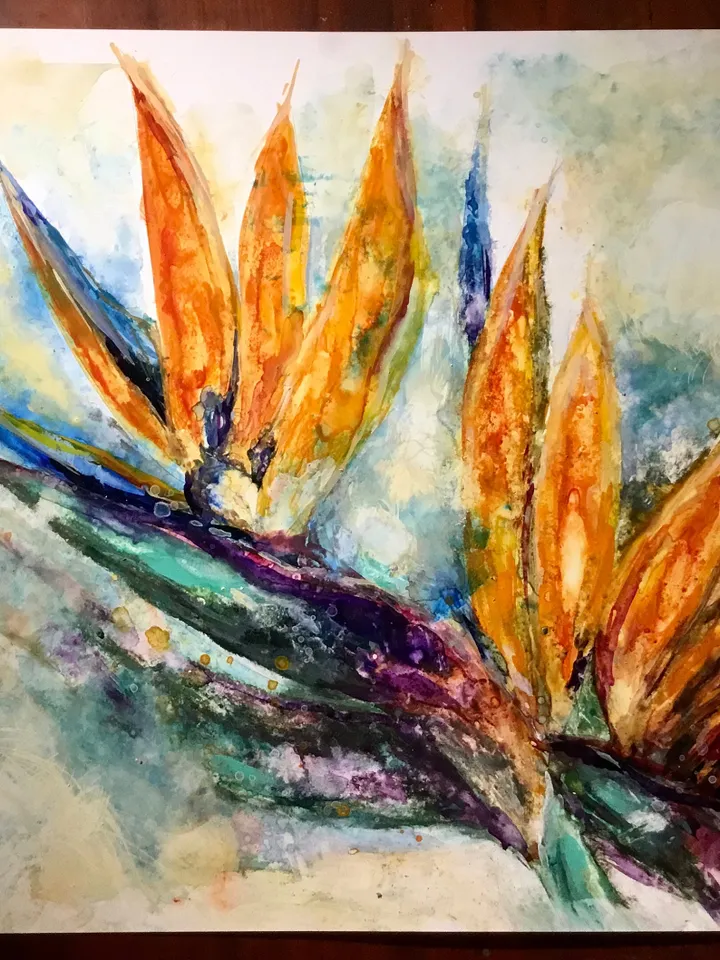 Bird of paradise flower, strelitzia flower original watercolour mix media painting on yupo paper,one of a kind painting,gift,wall art.