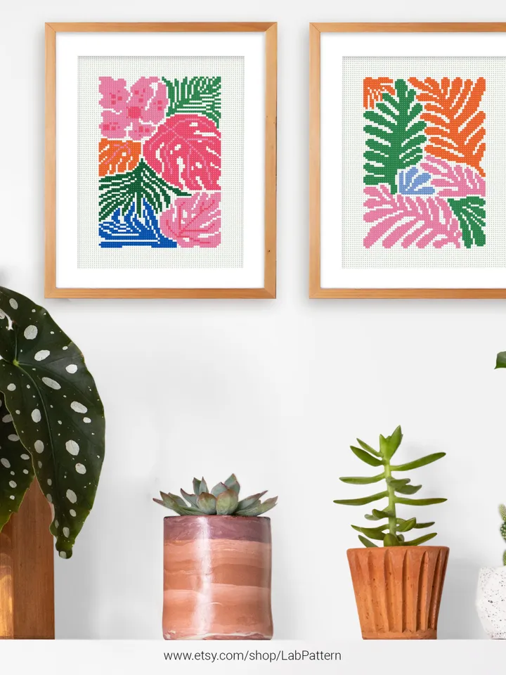 Bundle of 4 mini contemporary Plants Cross stitch patterns Flower Abstract floral beginner counted modern chart DIY embroider instant PDF