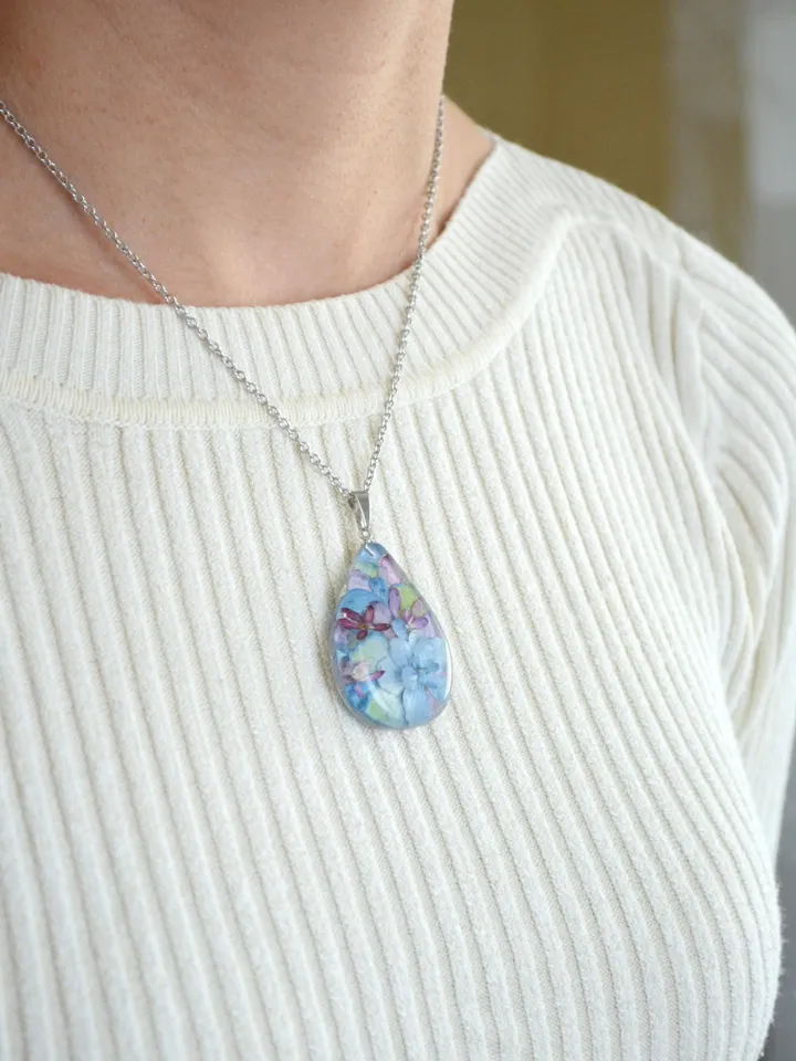Real hydrangea Pendant. Pendant-drop with real blue hydrangea. Real hydrangea in resin.