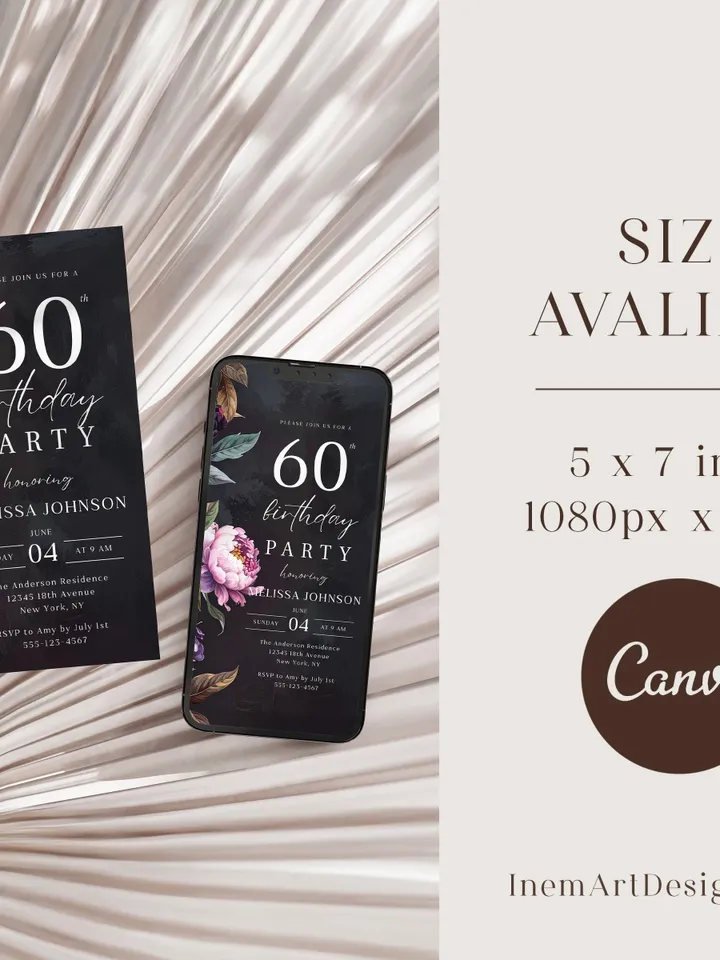 60th Birthday Invitation for women – Moody Burgundy & Blush Peony Floral Invitation, Elegant Dark Men Birthday Party Invite Canva Template
