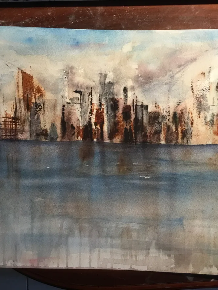 Semi-Abstract watercolour cityscape,original watercolour painting,cityscape wall art,seascape,skyline,skyscapes,blue grey copper painting