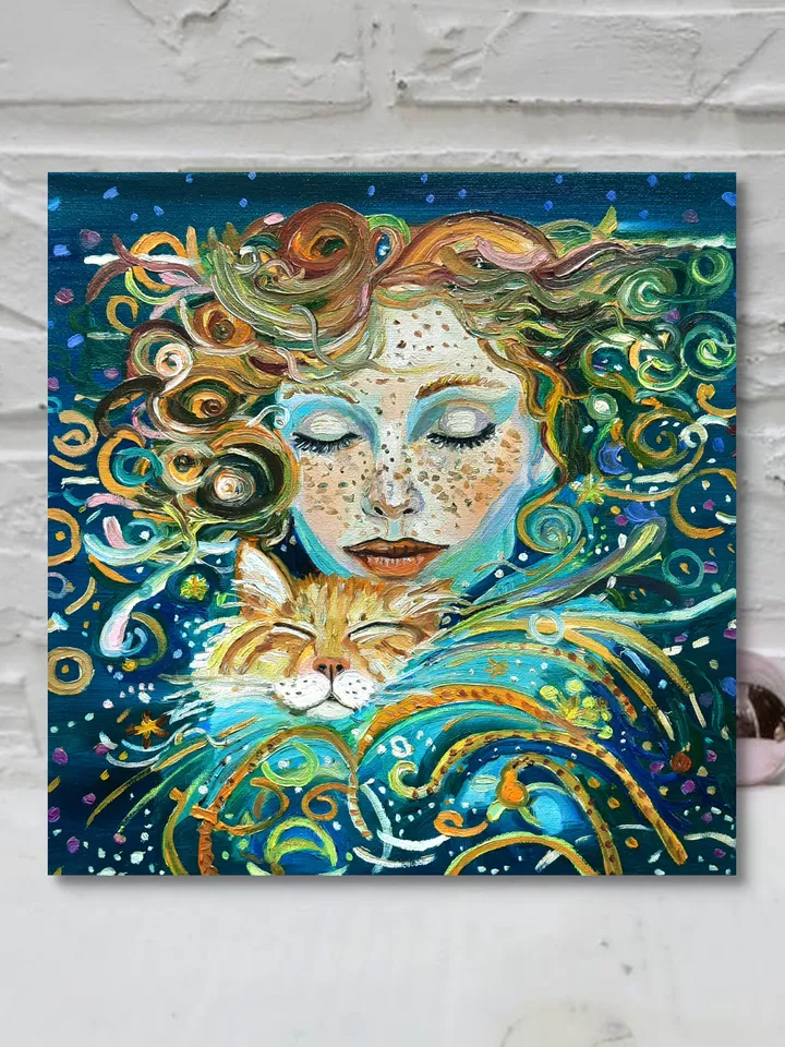 Woman and Red Cat Original Oil Painting Oil on canvas 12*12