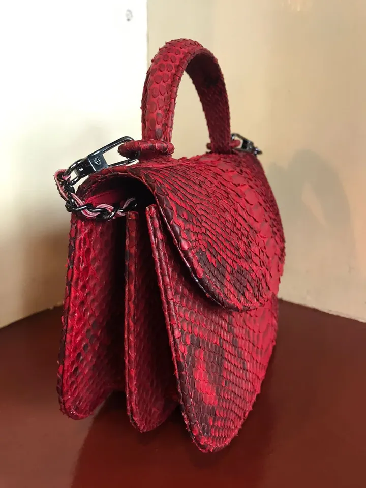 Genuine Python Skin Top Handle Red Crossbody Bag | Exotic Leather Bags | Snakeprint Bag | Handmade Designer Bag | Gift For Her
