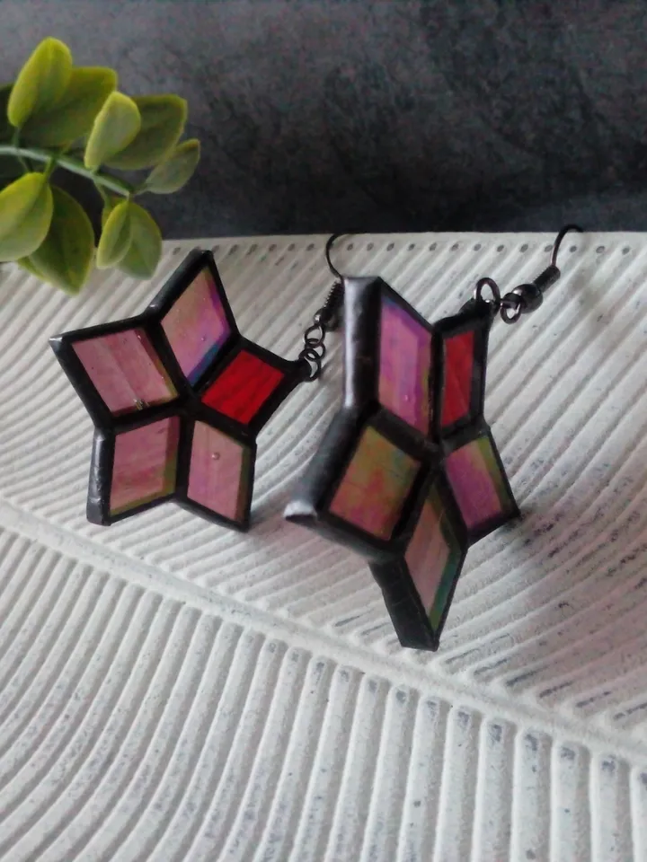 Star stained glass Iridescent earrings - Hoya flower geometric dangle earrings
