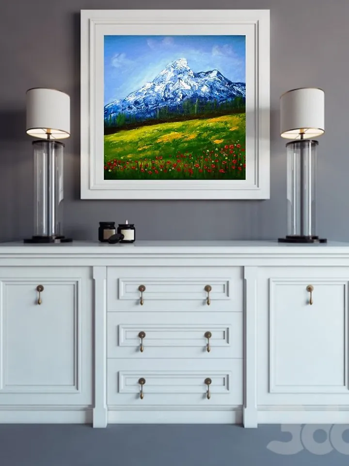 Landscape Rocky Mountains Red Poppies Flower Fields Original Oil painting
