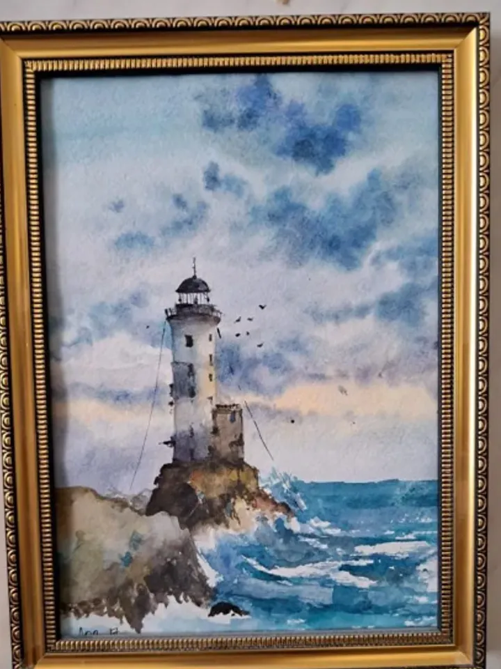 Framed painting "Morning at the lighthouse", watercolor, size 27 cm by 20 cm