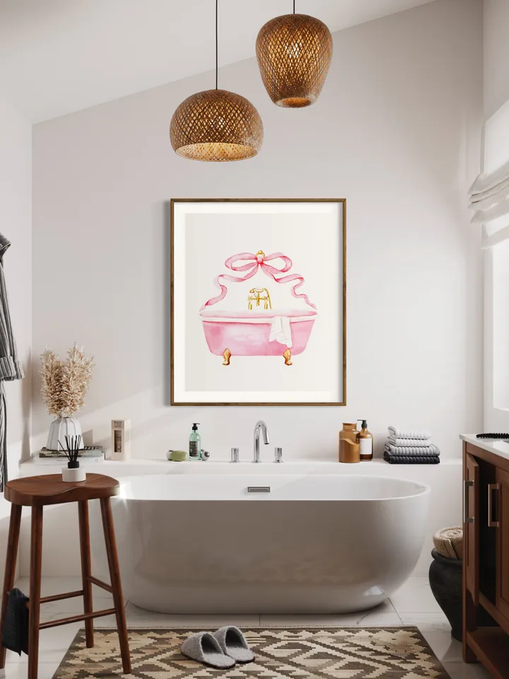 Pink Bathroom Vintage Bow Art Print, Watercolor Painting, Retro Bathroom Decor, Girls Bathroom Decor, Pink Bathtub, Gift For Her, Bath Time