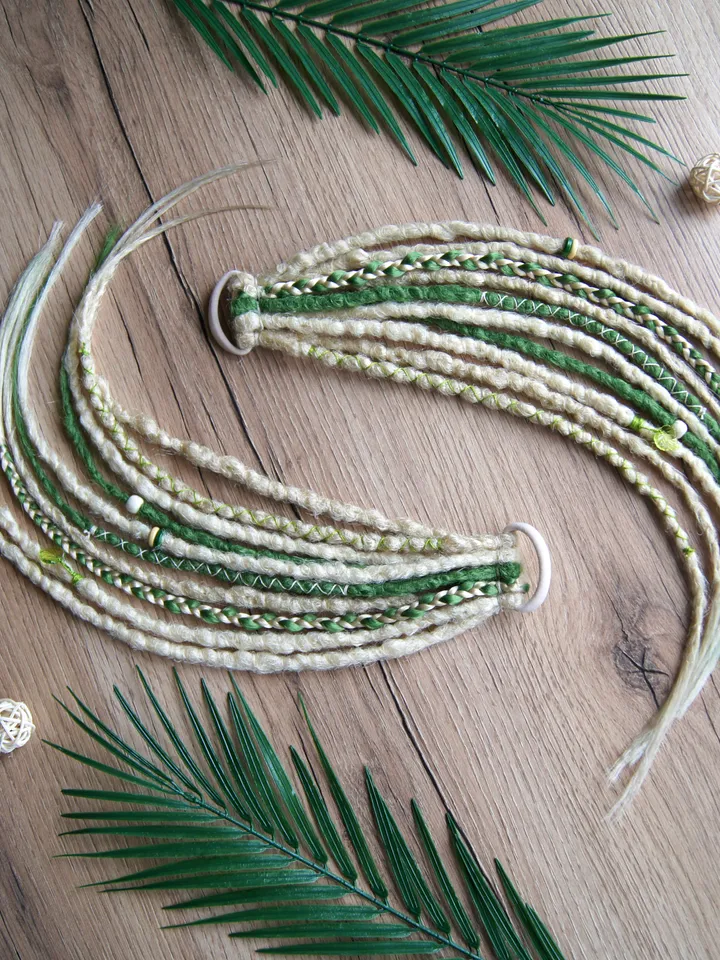 Dreads on hairband. Crochet Dreadlocks extensions. Ponytail blonde green synthetic hair. Hippie Witchy Pagan Viking Bohemian Boho style