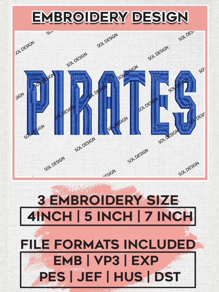 NCAA Pirates College Team Logo Embroidery Design Files, NCAA Seton Hall Pirates Machine Embroidery, NCAA Teams, 3 sizes, NCAA Machine embroidery designs, Digital Download