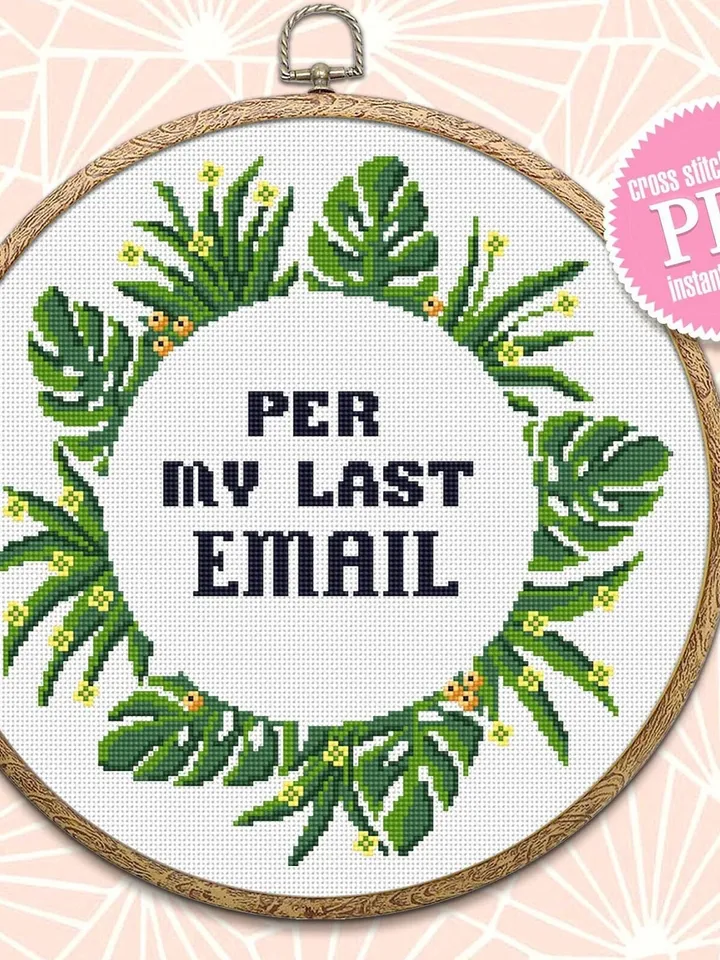 Monstera leaf wreath cross stitch pattern PDF download Per my last email Quote cross stitch chart, Greenery border pattern digital PDF #Q36