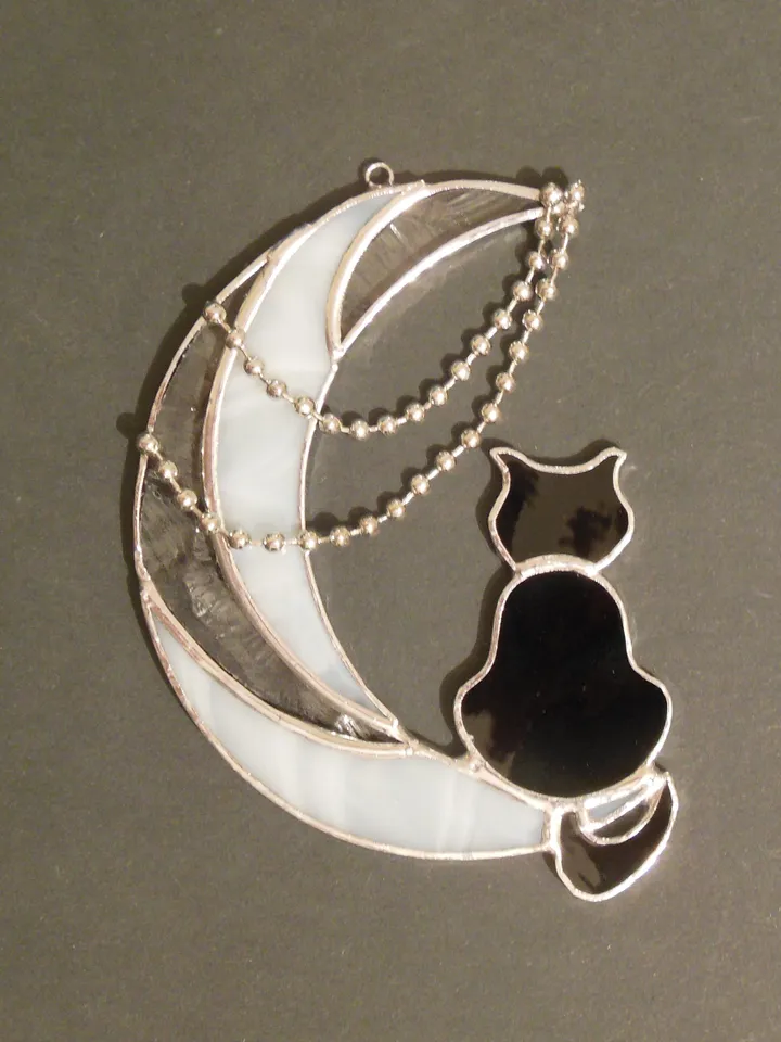 Black Cat On The Moon with Chains . Art stained glass window hanging Suncatcher . Gift for animal lover , pet loss memorial . White , black