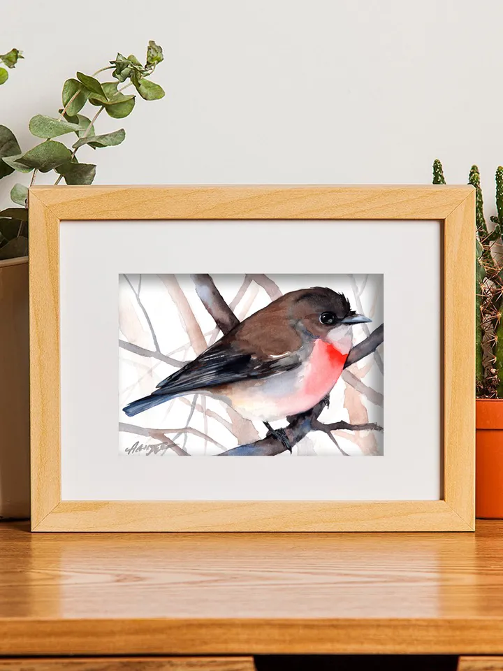 Little Red Robin original watercolor, birds painting, handmade wall decor, 5x7 in art for bird lovers by Anne Gorywine