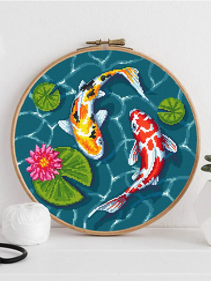 Koi pond cross stitch pattern download PDF Koi fish cross stitch chart, Fish embroidery design, Oriental decor, Water lily cross stitch #L50